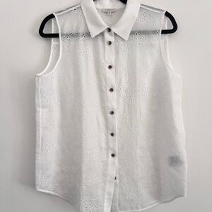 Lafayette 148 Gemma Semi-Sheer Ramie Buttondown Shirt Eyelet - MEDIUM